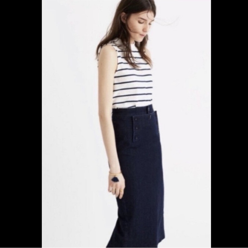New MADEWELL Denim Lace Up Midi Skirt Straight Pencil Jean Dark Blue Wash Sailor